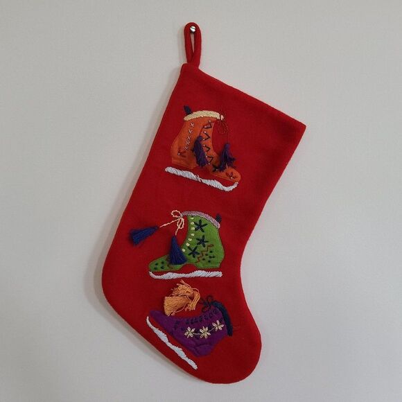 Red Felt Christmas Stocking With Embroidered and Appliqued Ice Skates and Tassel - Picture 2 of 15
